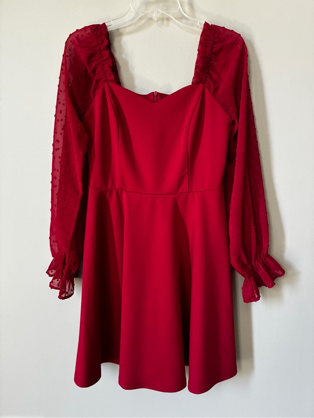 Grace Karin Red Mini Dress Swiss Dot Sheer Sleeves Ruffle Detail Long Sleeve
